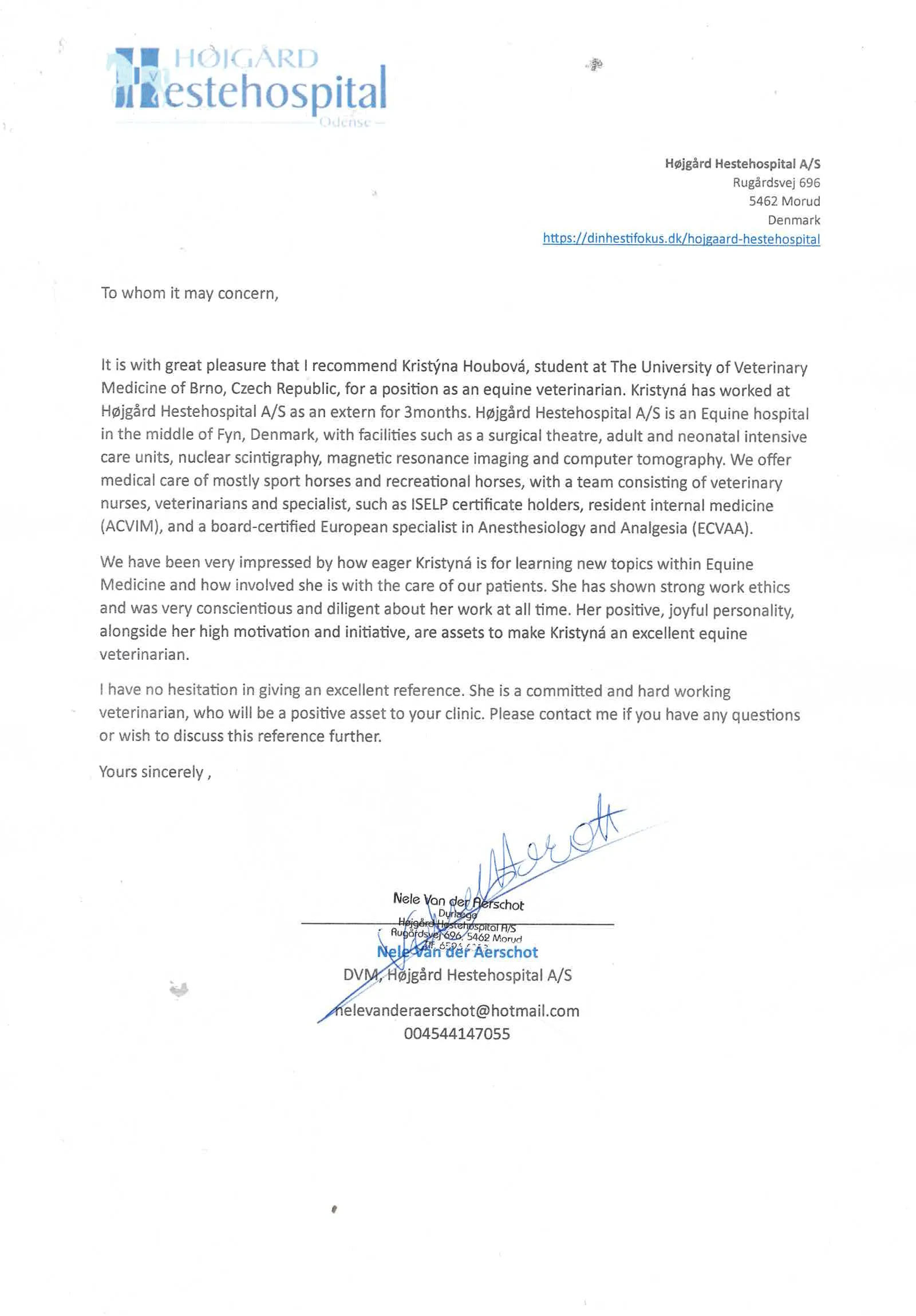 Reference – stáž – Højgård Hestehospital